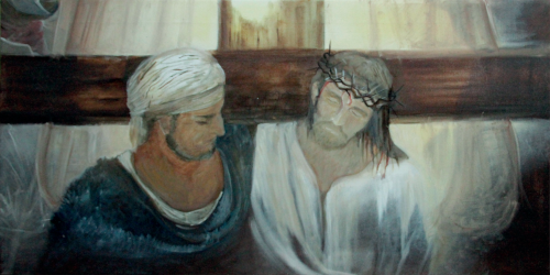 5e station : Simon de Cyr&egrave;ne aide J&eacute;sus &agrave; porter sa croix