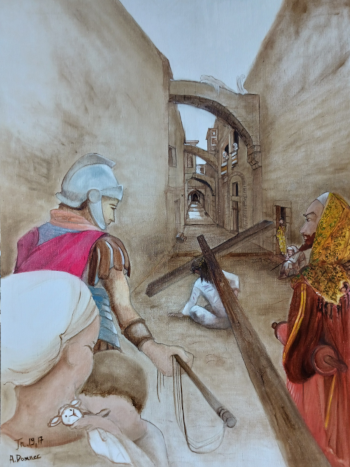 17 Jésus, portant sa croix, arriva au lieu du crâne, qui se nomme en hébreu Golgotha. (Jean 19, 17)